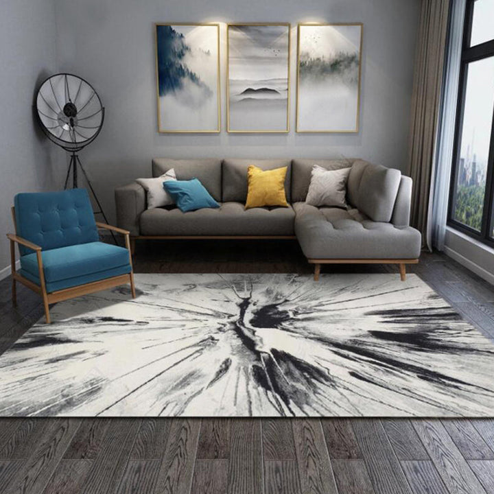 Modern living room rug in white Abstract ink painting print rug Polyester Washable Non-slip backing rug | Bowlift