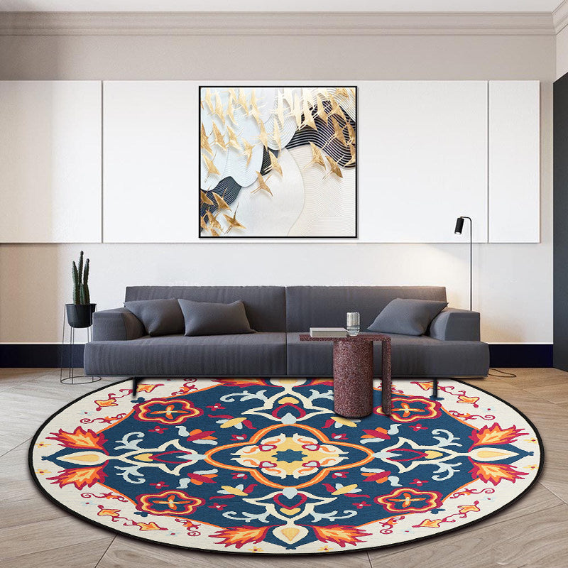 Moroccan living room rug in blue floral pattern print rug polyester machine washable rug | Bowlift