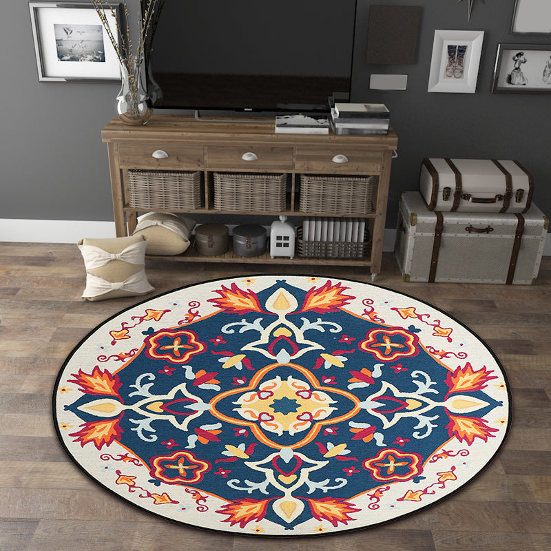 Moroccan living room rug in blue floral pattern print rug polyester machine washable rug | Bowlift
