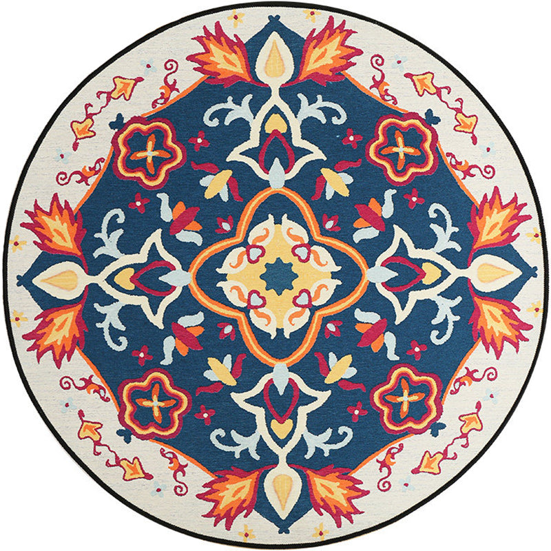 Moroccan living room rug in blue floral pattern print rug polyester machine washable rug | Bowlift