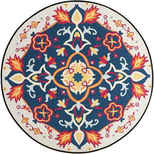 Moroccan living room rug in blue floral pattern print rug polyester machine washable rug | Bowlift