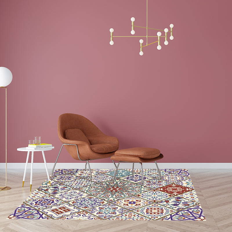 Ivory Bedroom Rug Moroccan Floral Geometric Pattern Area Rug Polyester Non-Slip Pet-Friendly Rug | Bowlift
