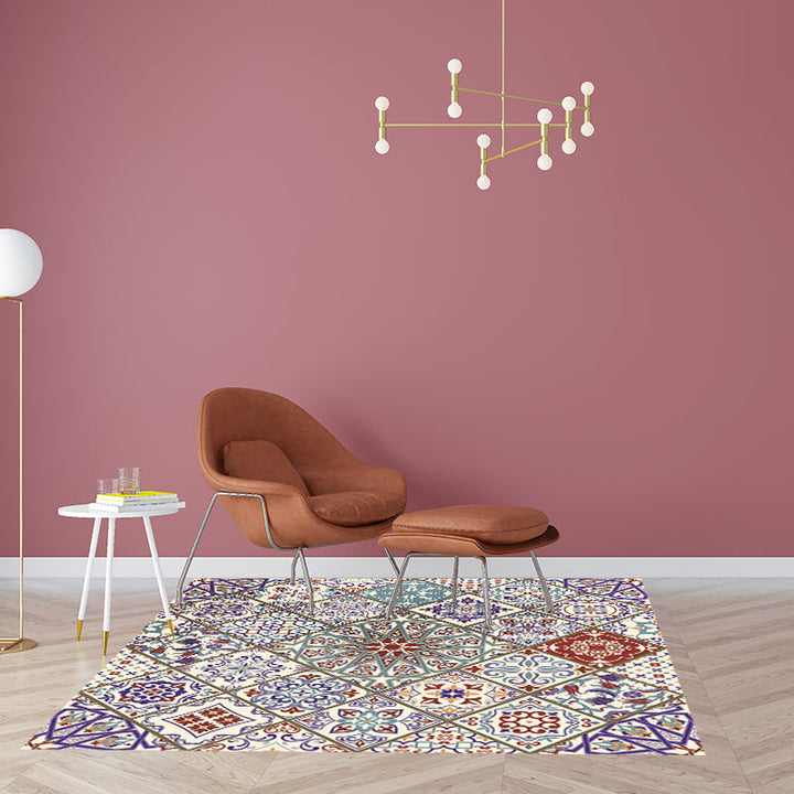 Ivory Bedroom Rug Moroccan Floral Geometric Pattern Area Rug Polyester Non-Slip Pet-Friendly Rug | Bowlift