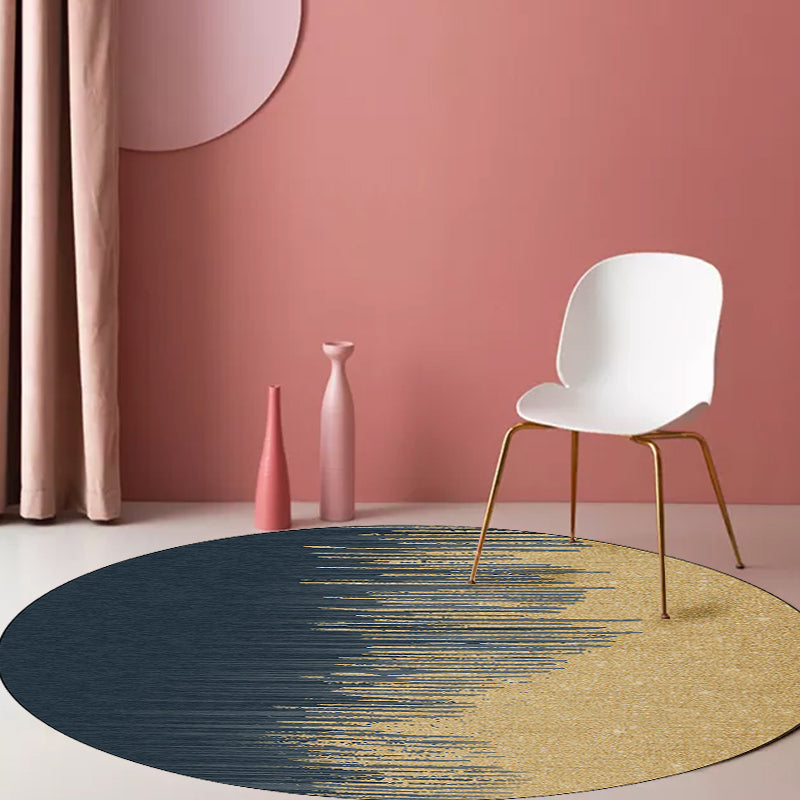 Modern living room rug in blue and yellow with abstract stripe color block print rug polyester machine washable rug for the living area | Bowlift