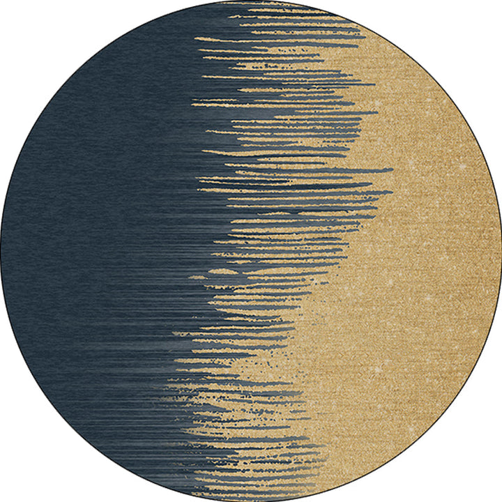 Modern living room rug in blue and yellow with abstract stripe color block print rug polyester machine washable rug for the living area | Bowlift