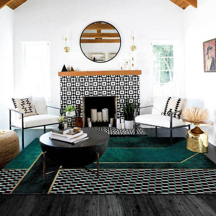 Simple modern carpet in green diamond irregular shape pattern carpet polyester washable non-slip carpet for home decor | Bowlift
