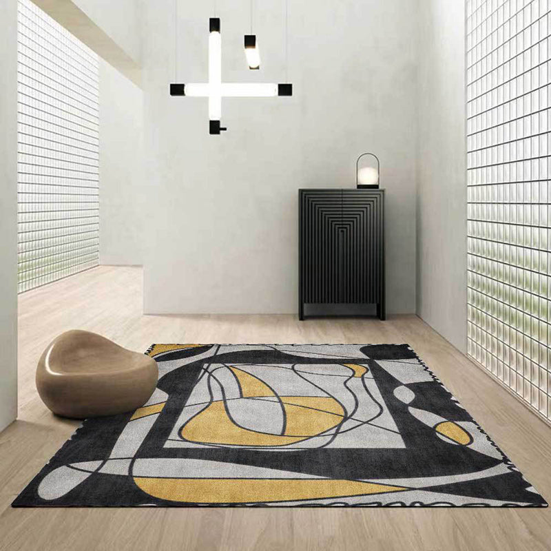 BowLift | Novelty Living Room Rug in Gray Colorblock Line Print Rug Polyester Machine Washable Area Rug