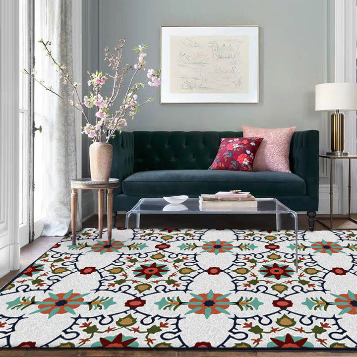 Moroccan living room rug in white floral print rug polyester stain-resistant non-slip rug | Bowlift