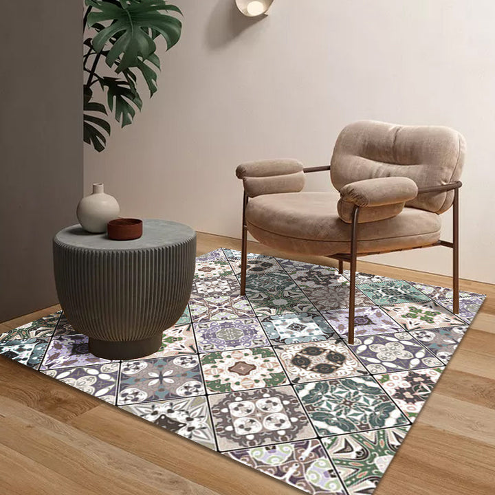 Retro Moroccan rug in green geometric floral pattern rug polyester non-slip washable rug for home decor | Bowlift
