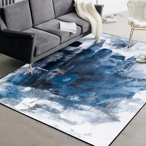Novelty Modern Rug in Blue and White Abstract Oil Painting Pattern Rug Polyester Washable Rug for Home Decor | Bowlift