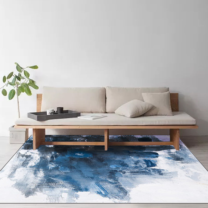 Novelty Modern Rug in Blue and White Abstract Oil Painting Pattern Rug Polyester Washable Rug for Home Decor | Bowlift