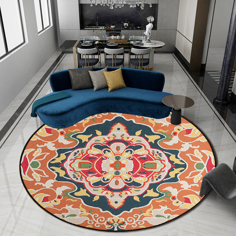 Orange Bedroom Rug Moroccan Floral Pattern Rug Polyester Pet Friendly Washable Rug | Bowlift