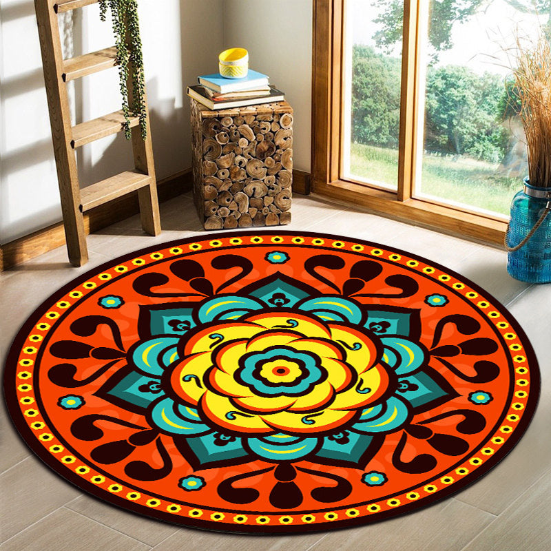 Orange Bedroom Rug Moroccan Floral Lotus Pattern Rug Polyester Machine Washable Stain Resistant Rug | Bowlift