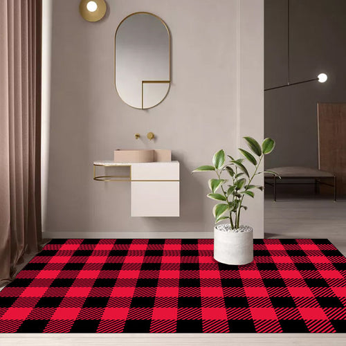 Casual modern rug in red checkered stripe pattern Rug polyester pet-friendly non-slip rug for home decor | Bowlift
