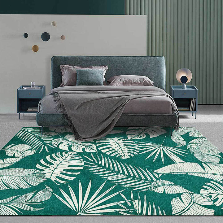 BowLift | Stylish Leaf Pattern Carpet Green Tropical Carpet Polyester Washable Non-Slip Back Area Rug for Living Room