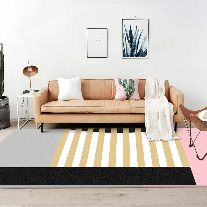 Modern color block striped print rug pink and multicolor polyester rug machine washable non-slip rug for bedroom | Bowlift