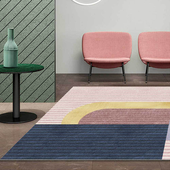 Pink Multicolor Contemporary Rug Polyester Color Block Striped Pattern Rug Machine Washable Non-Slip Rug for the Living Room | Bowlift