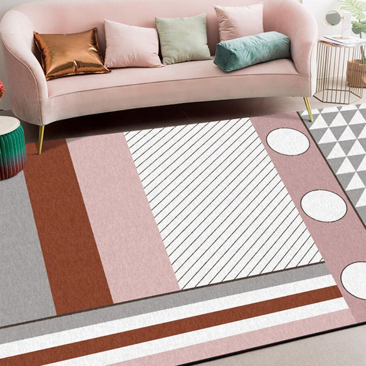 Contemporary Circle Stripe Pattern Rug Pink and White Polyester Rug Machine Washable Non-Slip Rug for the Bedroom | Bowlift