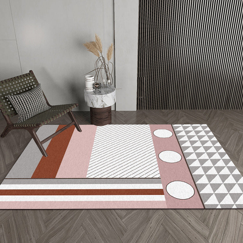 Contemporary Circle Stripe Pattern Rug Pink and White Polyester Rug Machine Washable Non-Slip Rug for the Bedroom | Bowlift