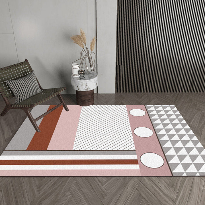 Contemporary Circle Stripe Pattern Rug Pink and White Polyester Rug Machine Washable Non-Slip Rug for the Bedroom | Bowlift