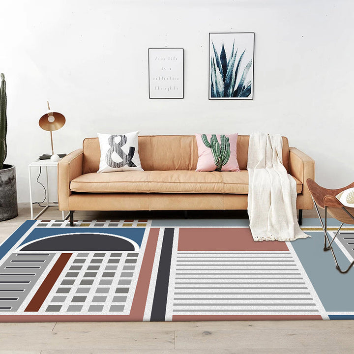 Stylish Checkered Stripe Pattern Carpet Blue Multicolor Modern Carpet Polyester Washable Non-Slip Back Area Rug for Living Room | Bowlift