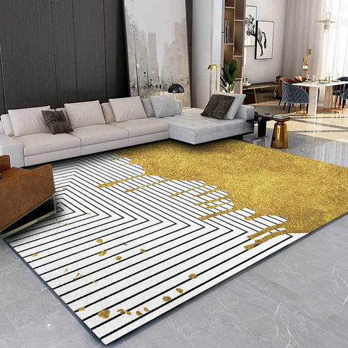 Modern color block striped printed carpet white and gold polyester rug machine washable non-slip rug for the bedroom | Bowlift