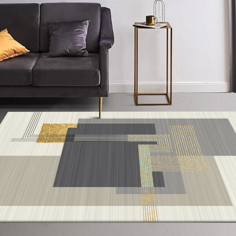 Stylish striped rug in gray and beige casual rug polyester washable non-slip backing living room rug | Bowlift