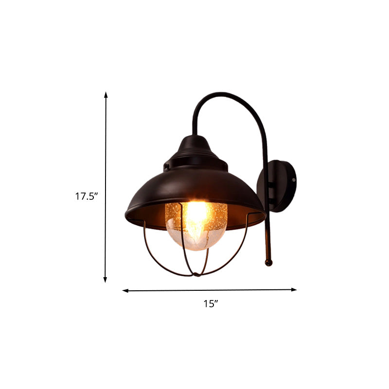 BowLift | Farmhouse Dome Wall Lamp 1 Light Metal Wall Lighting with Cage and Sawed Glass Shade in Black