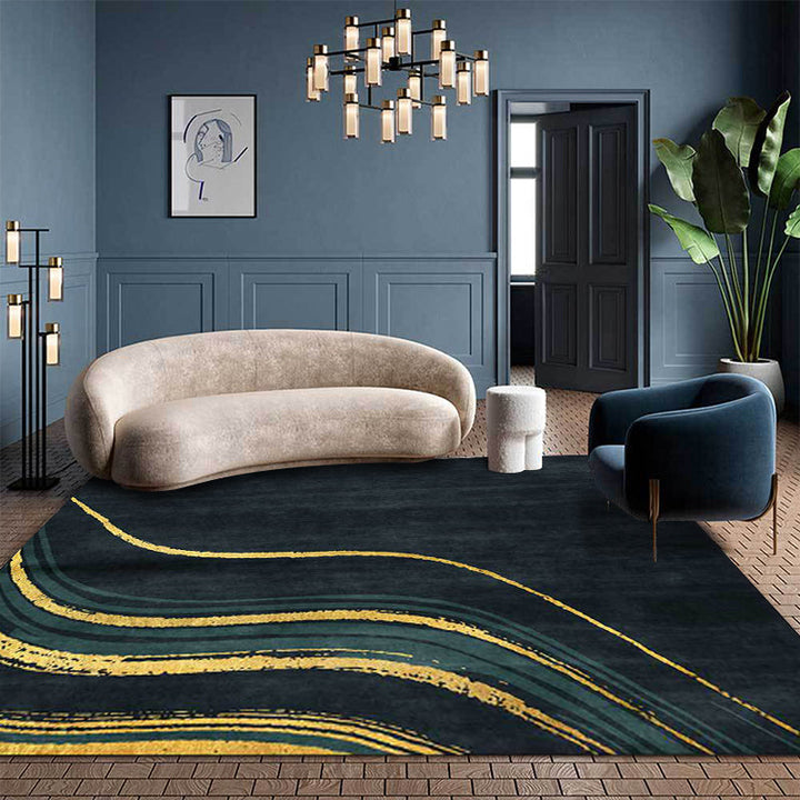 Contemporary swirl pattern rug dark green and gold polyester rug machine washable non-slip rug for the bedroom | Bowlift