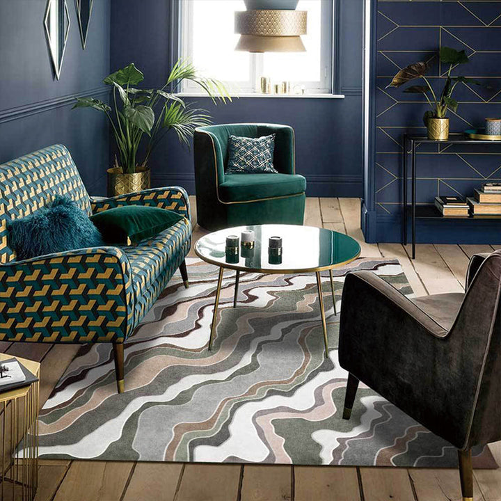 Simple swirl stripe pattern rug green casual rug polyester machine washable non-slip rug for bedroom | Bowlift