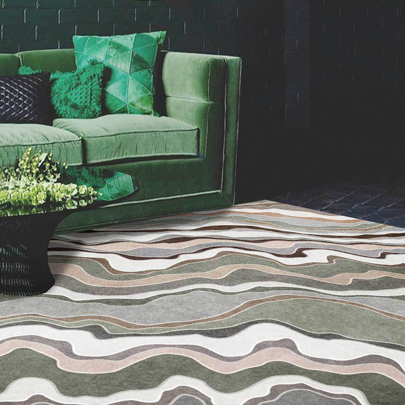 Simple swirl stripe pattern rug green casual rug polyester machine washable non-slip rug for bedroom | Bowlift