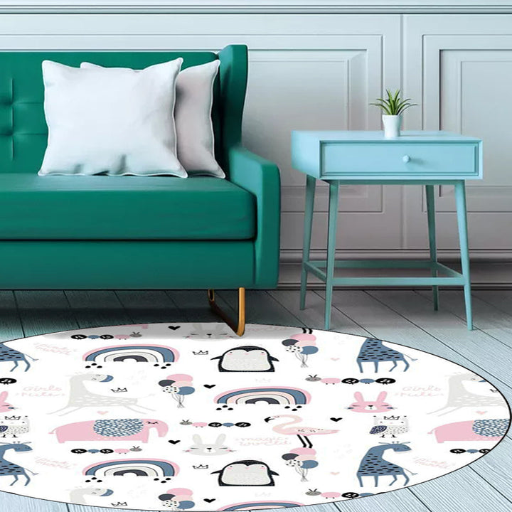 BowLift | Simple children's carpet in white and blue animal giraffe penguin rabbit pattern carpet polyester washable carpet for the children's room