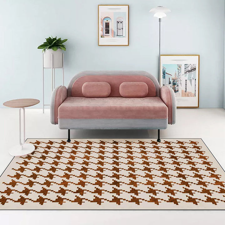Nordic Modern Rug in Ivory Check Houndstooth Pattern Rug Polyester Non-Slip Pet-Friendly Rug for Home Decoration | Bowlift