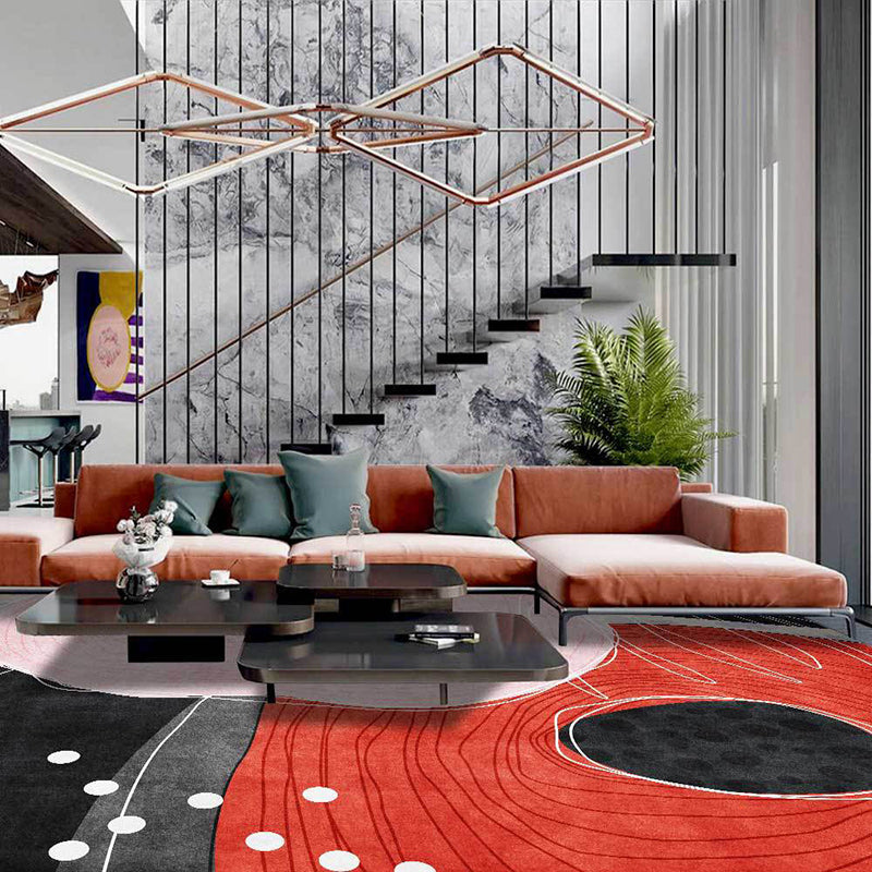 BowLift | Novelty Living Room Carpet in Red and Black Color Block Dots Line Print Carpet Polyester Washable Stain Resistant Area Rug
