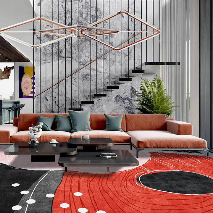 BowLift | Novelty Living Room Carpet in Red and Black Color Block Dots Line Print Carpet Polyester Washable Stain Resistant Area Rug