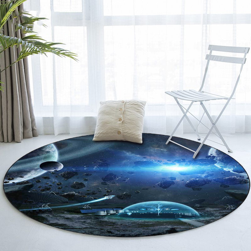 Modern living room rug in black and white with outer space planet meteorite print rug polyester washable non-slip area rug | Bowlift