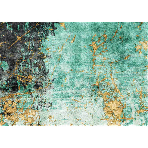 Stylish abstract rug in green and gold, Nordic rug made of polyester, washable, non-slip backing, living room rug. | Bowlift