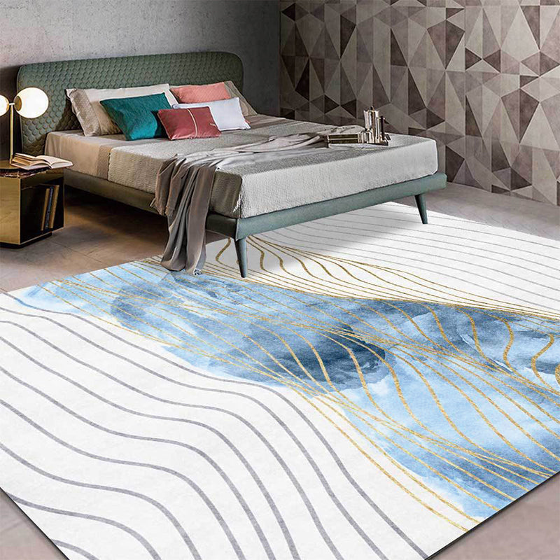 Stylish whirl stripe print carpet White and Blue Nordic carpet Polyester Washable Non-slip backing carpet for the living room | Bowlift