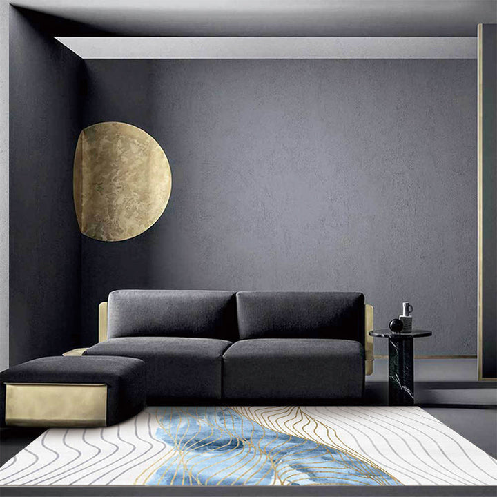 Stylish whirl stripe print carpet White and Blue Nordic carpet Polyester Washable Non-slip backing carpet for the living room | Bowlift