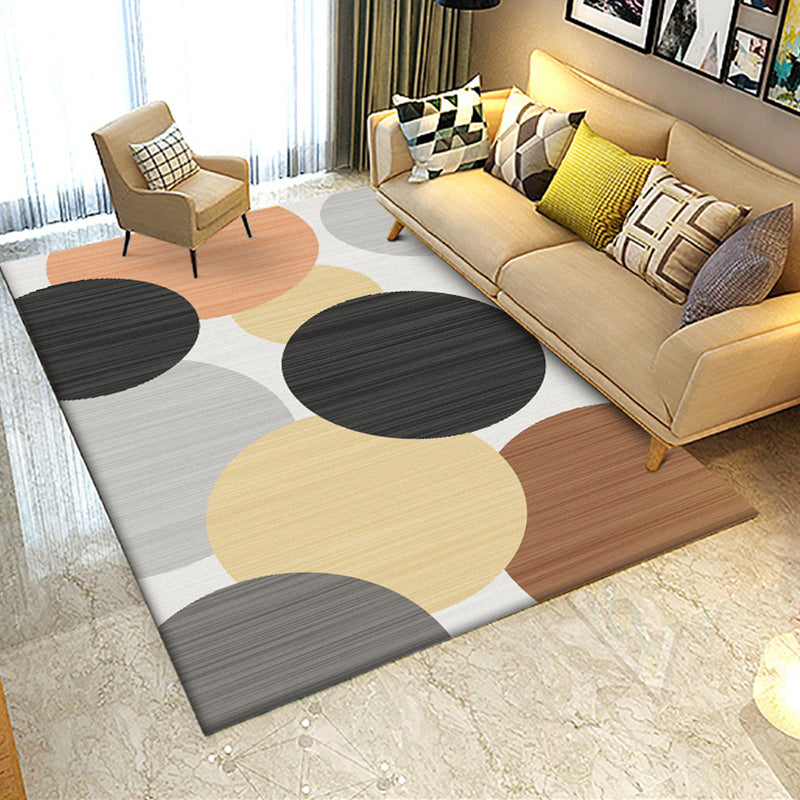Modern living room rug in ivory color block circle pinstripe print rug polyester machine washable area rug | Bowlift