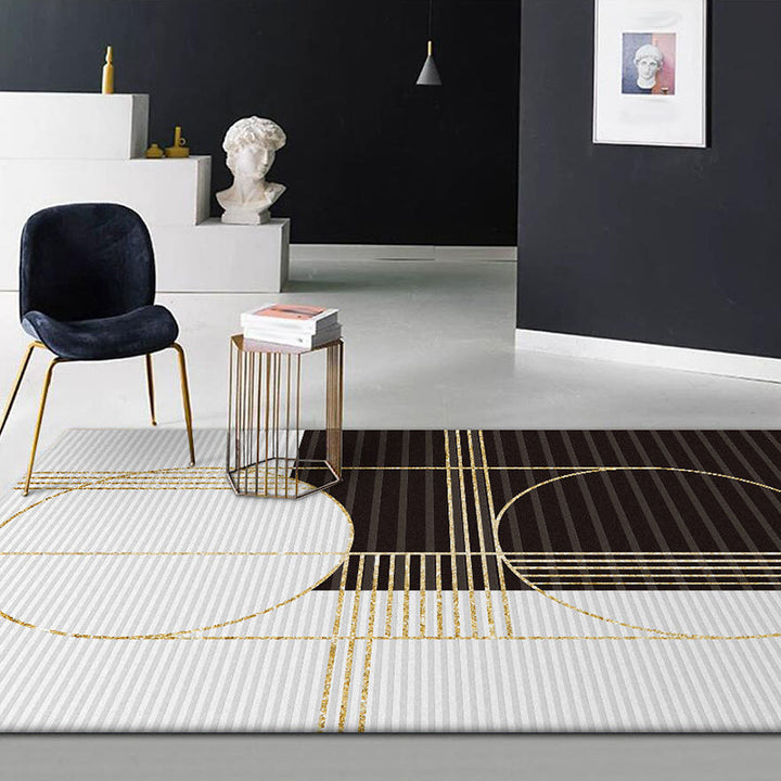Scandinavian modern rug in black and white geometric stripe pattern rug polyester washable rug for home decor | Bowlift