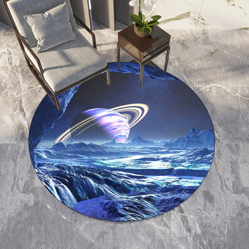 Casual Modern Rug in Blue Outdoor Space Planet Pattern Rug Polyester Pet-Friendly Rug for Home Decor | Bowlift
