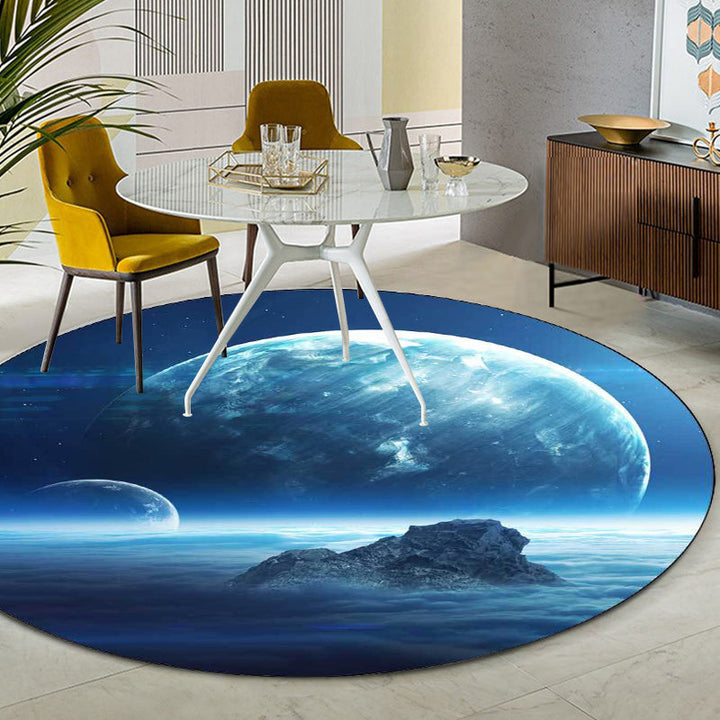 Contemporary modern rug in blue space planet pattern rug polyester pet-friendly rug for home decor | Bowlift