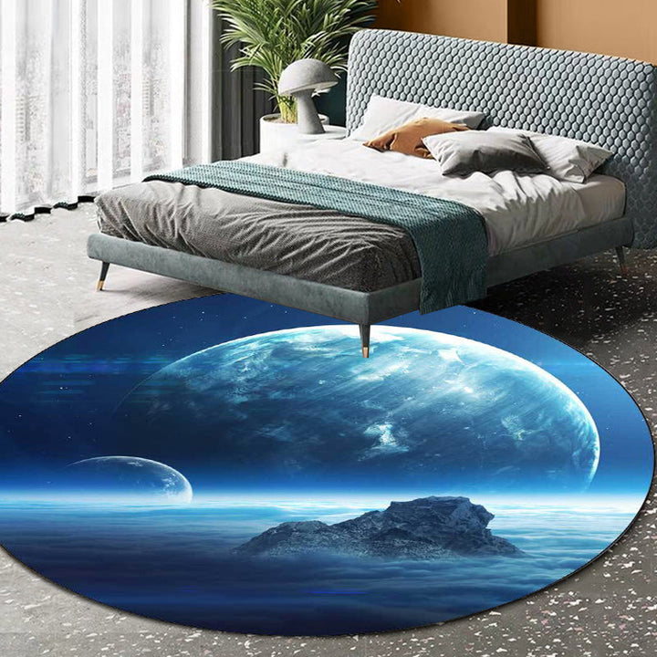 Contemporary modern rug in blue space planet pattern rug polyester pet-friendly rug for home decor | Bowlift