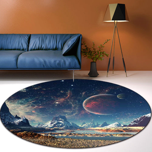 Blue Bedroom Rug Modern Space Galaxy Planet Pattern Rug Polyester Washable Non-Slip Rug | Bowlift