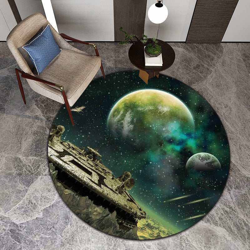 Green Bedroom Rug Modern Space Galaxy Spaceship Planet Pattern Rug Polyester Non-Slip Rug | Bowlift