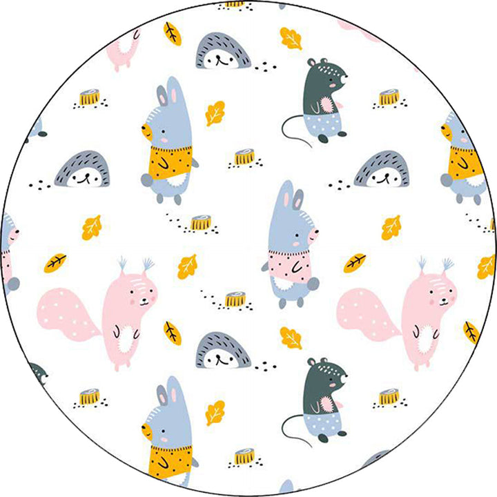 BowLift | Children's bedroom rug in white animal rabbit hedgehog leaf print rug polyester machine washable pet-friendly area rug