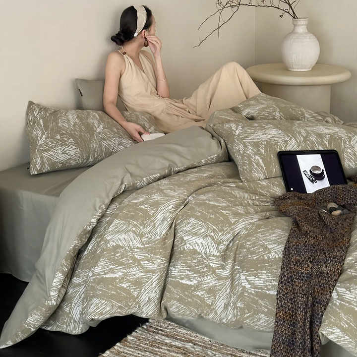 Cotton bedding set, 4-piece, geometric pattern