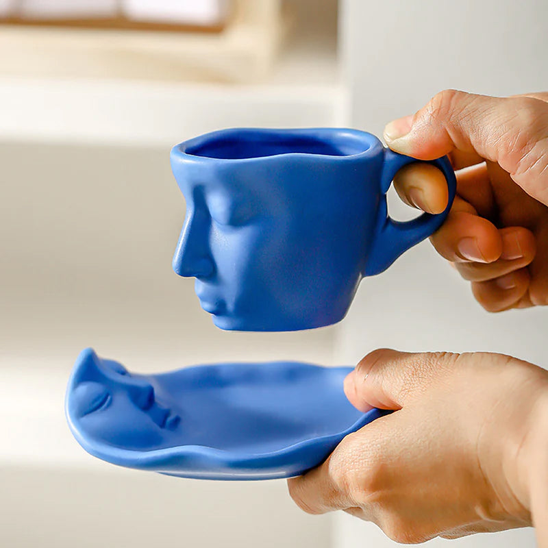 Metal Touching Face Creative Ceramic Kiss Coffee Cup, Artistic Vibe Mug & Saucer Set | Bowlift