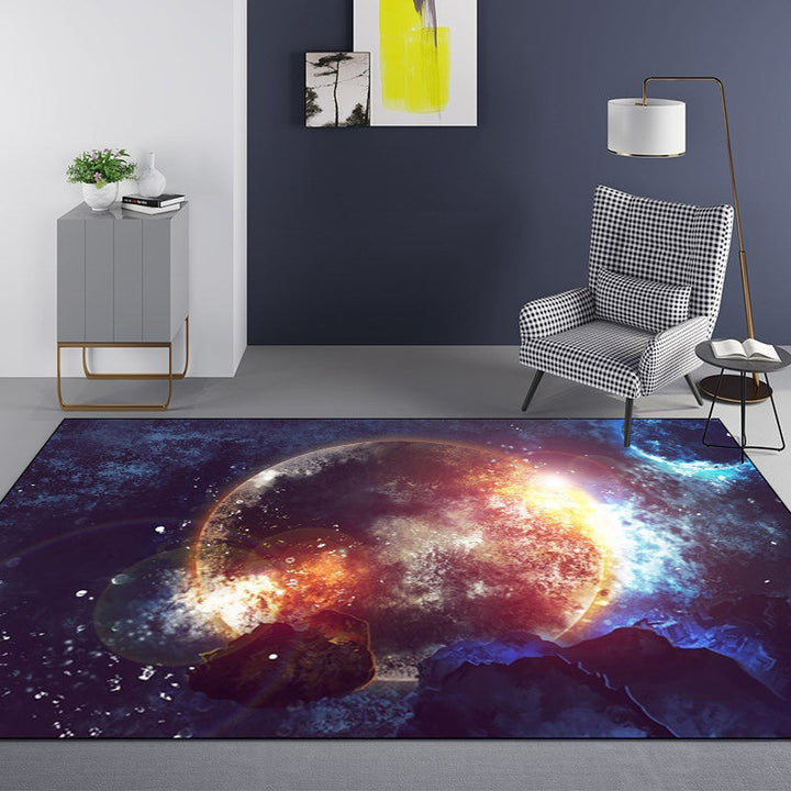 Blue Bedroom Rug Modern Space Planet Pattern Rug Polyester Stain Resistant Washable Rug | Bowlift